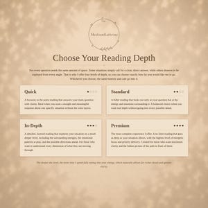 Choose your reading depth at MediumKathrine, four levels of personal tarot and psychic reading, Quick, Standard, In-Depth and Premium, same hour delivery