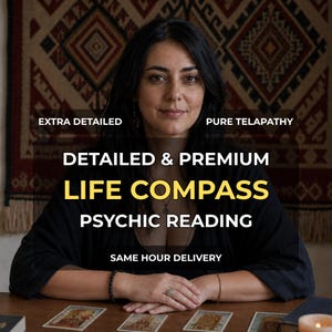 May include: A person with dark hair wearing a black top, positioned behind a wooden table with tarot cards. Text overlay reads: EXTRA DETAILED, PURE TELAPATHY, DETAILED & PREMIUM LIFE COMPASS PSYCHIC READING, SAME HOUR DELIVERY. The person wears a beaded bracelet.