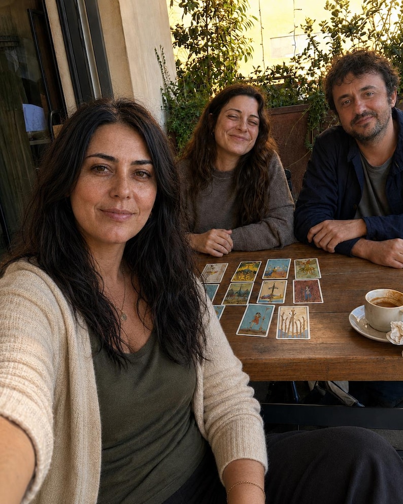 Kathrine, intuitive tarot reader and psychic medium, sharing a warm in person reading with two people at a sunlit table with a full tarot card spread and coffee