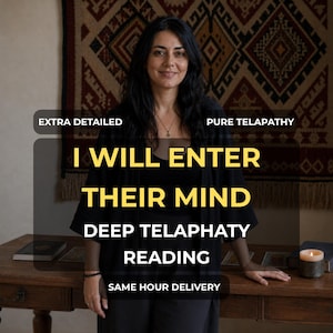May include: A person with dark hair wearing a black top and cardigan stands behind a wooden desk. Text overlays read: EXTRA DETAILED, PURE TELAPATHY, I WILL ENTER THEIR MIND, DEEP TELAPHATY READING, and SAME HOUR DELIVERY. A candle and books are on the desk.