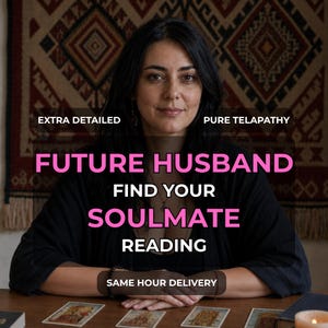 May include: A person with dark hair wearing a black top sits behind a wooden table with tarot cards. Text overlays read: EXTRA DETAILED, PURE TELAPATHY, FUTURE HUSBAND, FIND YOUR SOULMATE READING, and SAME HOUR DELIVERY in white and pink lettering.