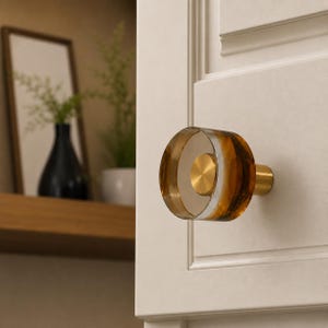 May include: A round cabinet knob featuring a clear, amber-tinted acrylic disc with a centered, brushed gold-tone metal circular inlay. The knob is attached to a cylindrical brushed gold-tone metal base mounted on a white paneled cabinet door.
