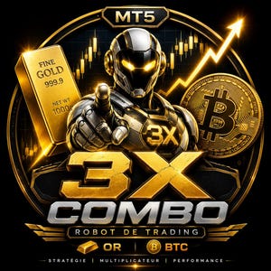 May include: A digital graphic featuring a futuristic robot figure pointing forward, flanked by a gold bar labeled FINE GOLD 999.9 and a Bitcoin coin. The text reads MT5, 3X COMBO, ROBOT DE TRADING, OR, BTC, STRATÉGIE, MULTIPLICATEUR, and PERFORMANCE.