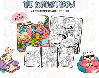 The Comfort Crew Adult Coloring Book, 23 Cozy Animal Coloring Pages, Printable PDF for Relaxation