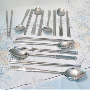 7 Sets Chopsticks and 7 Serving Spoons Stainless Steel