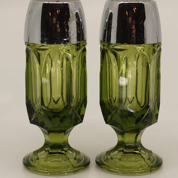 Salt and Pepper Shakers Green Glass Noritake Perspective Footed Stem