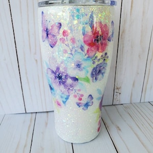Flower and butterfly watercolor glitter tumbler