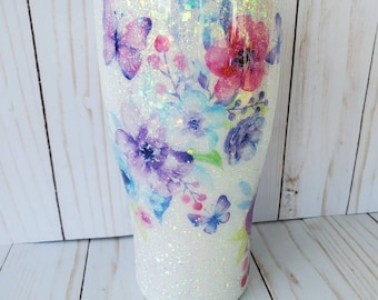 Flower and butterfly watercolor glitter tumbler