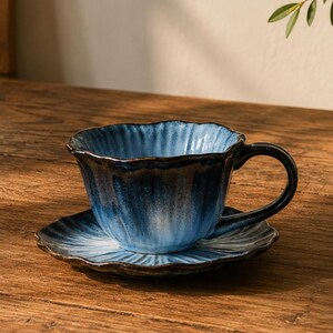 Puede incluir: Una taza de té de cerámica con su plato a juego, con un borde festoneado en forma de flor. El conjunto presenta un acabado de esmalte reactivo con un degradado de azul intenso en los bordes que se aclara hacia el centro, con un borde marrón oscuro.