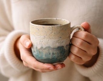 Handmade Stoneware Ceramic Coffee Mug: Cream, Brown, Gray, and Blue Glazed 10 Ounce
