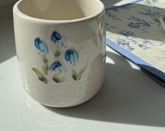 Blue Bell Collection! Handmade, Hand painted, Ceramic Kitchen Mug, Lavender, Kitchen, Everyday Use , Dishwasher Safe, floral