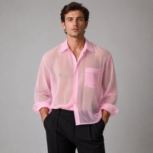 Men's Sheer Polyester Button Down Shirt: Relaxed Fit, Long Sleeve Top