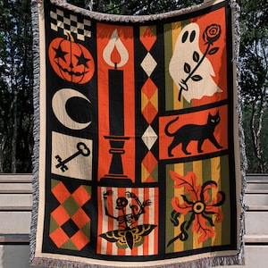 Manta tejida retro de Halloween, manta de fantasma y gato negro, tapiz de patchwork de calabazas, decoración vintage para habitaciones espeluznantes.