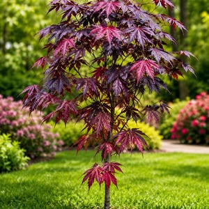 Peut inclure: Un érable du Japon aux feuilles palmées d'un rouge profond et bordeaux. L'arbre possède un tronc droit et élancé ainsi qu'un feuillage arrondi, planté dans un cercle de paillis sombre au milieu d'une pelouse verte.