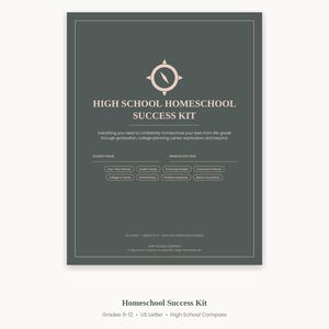 May include: A dark gray digital document titled High School Homeschool Success Kit featuring a compass icon. The text includes 39 pages, student name, graduation year, and various planning sections like Four-Year Planner and Credit Tracker.