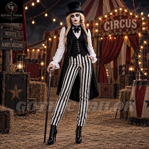 Damkostym med gotisk cirkusfrack, svartvita randiga byxor, viktoriansk ringmästare, halloween, steampunk