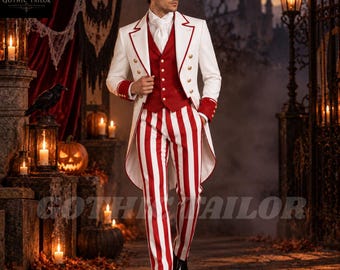 May include: A white tailcoat jacket with red trim and gold buttons, a red vest, and red and white vertically striped trousers. The ensemble includes a white cravat and white shirt. The text GOTHIC TAILOR is visible in the top left and bottom center.