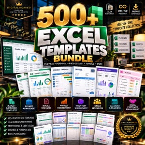 Könnte beinhalten: Ein digitales Paket mit über 500 Excel-Vorlagen, das verschiedene Tabellenkalkulationslayouts wie Budgetplaner, Projekt-Tracker, Rechnungen und CRM-Dashboards enthält. Die Sammlung umfasst Symbole für Finanzen und Management.