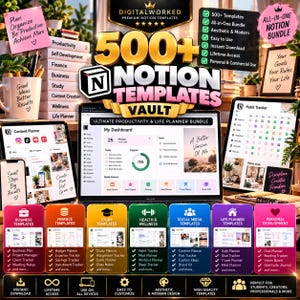 Pode incluir: Um pacote de produtos digitais com mais de 500 modelos Notion para produtividade e planejamento de vida. A imagem mostra um laptop com um painel, um tablet com um planejador de conteúdo e sete cartões de categoria coloridos com funções.