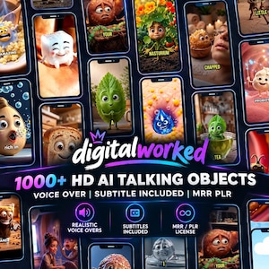 May include: A digital collection of 1000+ HD AI talking objects featuring animated characters like a sugar cube, leaf, and water droplet on smartphone screens. The text reads digitalworked 1000+ HD AI TALKING OBJECTS VOICE OVER SUBTITLE INCLUDED MRR PLR.