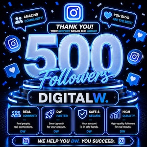 Może przedstawiać: Cyfrowa grafika świętująca 500 obserwujących z neonowo-niebieskim tekstem i ikonami. Zawiera logo Instagrama, dymki z tekstem takim jak AMAZING COMMUNITY i YOU GUYS ARE THE BEST oraz centralną platformę z napisem DIGITALW. i szczegółami usług.