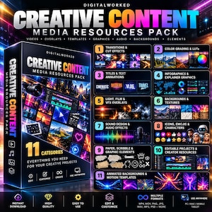 May include: A digital product box labeled Creative Content Media Resources Pack by Digitalworked. The box displays 11 categories of assets including transitions, color grading, titles, infographics, overlays, backgrounds, and audio effects.