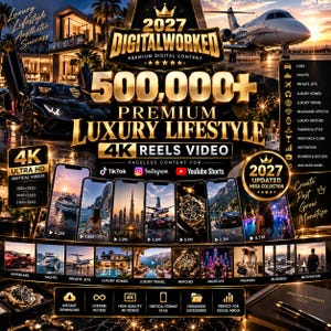 Può includere: Una grafica promozionale di marketing digitale per contenuti video 4K di stile di vita di lusso premium 2027 Digitalworked. L'immagine presenta testo dorato, un jet privato, un'auto sportiva e diversi schermi di smartphone che mostrano immagini di lusso.