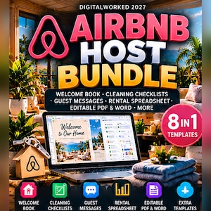 May include: A digital Airbnb host bundle featuring the text DIGITALWORKED 2027, AIRBNB HOST BUNDLE, and 8 IN 1 TEMPLATES. The graphic displays a laptop showing a welcome book, a wooden house-shaped key holder, and icons for welcome books, cleaning checklists, guest messages, rental spreadsheets, and editable files.