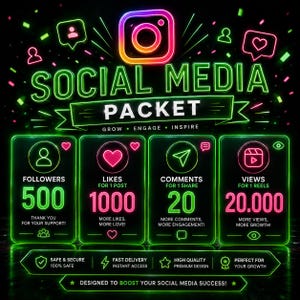 May include: A digital graphic featuring neon green and pink text on a black background. It displays the title SOCIAL MEDIA PACKET with icons for followers, likes, comments, and views, including numerical values and promotional text in a neon style.