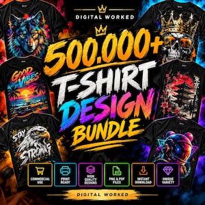 Può includere: Un pacchetto digitale di oltre 500.000 design per t-shirt con varie stampe grafiche su t-shirt nere, tra cui un lupo, un teschio con corona, una scena di spiaggia, una pagoda, un'aquila e un astronauta, con il testo 500,000+ T-SHIRT DESIGN BUNDLE.