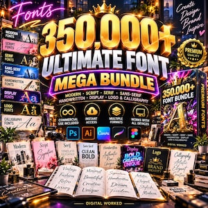 May include: A digital product advertisement for a 350,000+ Ultimate Font Mega Bundle. The graphic features large gold 3D text, a list of font categories including script and serif, and icons for software like Photoshop, Illustrator, and Canva.