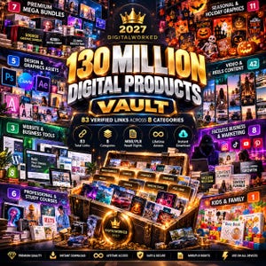 Può includere: Una pubblicità per un caveau di prodotti digitali con il testo 130 MILLION DIGITAL PRODUCTS VAULT, 2027 DIGITALWORKED e 83 VERIFIED LINKS ACROSS 8 CATEGORIES. L'immagine mostra vari asset digitali, icone e uno scrigno del tesoro pieno di cartelle.