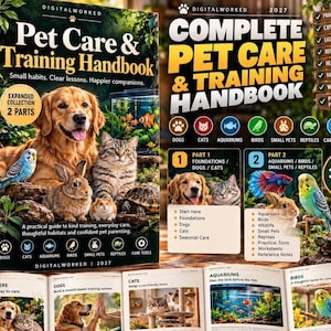 May include: A Pet Care & Training Handbook featuring a golden retriever, cat, rabbit, hamster, turtle, and parakeet on the cover. The book includes two parts covering dogs, cats, aquariums, birds, small pets, and reptiles with 33 and 35 pages.