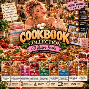 Peut inclure: Une collection de livres de cuisine numériques comprenant 60 livres de recettes dans un guide PDF cliquable. Le graphique inclut des étiquettes de texte pour des catégories comme petit-déjeuner, pain, pâtisseries, et saveurs du monde.