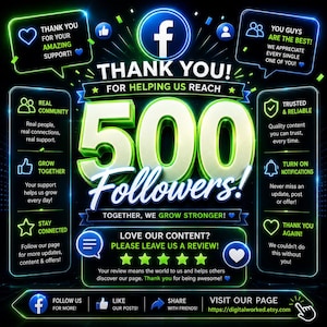 Może przedstawiać: Cyfrowa grafika świętująca 500 obserwujących z neonowymi zielonymi i niebieskimi akcentami. Tekst brzmi Thank You For Helping Us Reach 500 Followers, Together We Grow Stronger, zawiera ikony mediów społecznościowych i gwiazdki ocen.