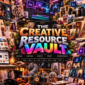Könnte beinhalten: Eine digitale Grafik mit dem Text THE CREATIVE RESOURCE VAULT, umgeben von verschiedenen Software-Symbolen, Kunstdrucken, einer Drachenskulptur und Computerbildschirmen, die Designprojekte und Bekleidungsmodelle zeigen.