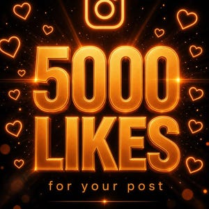 Może przedstawiać: Cyfrowa grafika przedstawiająca ikonę logo Instagrama nad pogrubionym, świecącym na pomarańczowo napisem 5000 LIKES for your post. Poniżej znajduje się tekst digitalworked zapisany małymi literami, otoczony wieloma świecącymi pomarańczowymi konturami serc.
