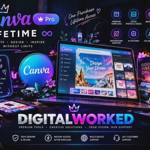 May include: A digital promotional graphic for Canva Pro lifetime access featuring a laptop displaying the Canva interface, surrounded by neon-style text, icons, and floral elements. The text includes 'Canva Pro', 'Lifetime Access', and 'DigitalWorked'.