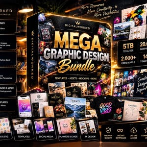 Puede incluir: Un paquete de diseño gráfico digital que incluye una caja negra grande con el texto dorado MEGA GRAPHIC DESIGN Bundle. La muestra incluye varias plantillas, iconos, maquetas y recursos, con detalles sobre 5TB de contenido, 20.000 gráficos y 14.000 diseños de camisetas.
