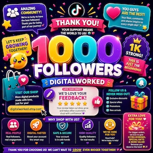 Op de afbeelding: Een levendige digitale afbeelding ter viering van 1000 volgers voor Digitalworked. Het ontwerp bevat dikke 3D-tekst, kleurrijke tekstballonnen, iconen van een boodschappentas, cadeau en emoji's tegen een donkere achtergrond met confetti.