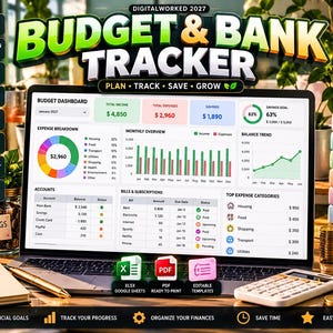 May include: A digital budget and bank tracker dashboard displayed on a laptop screen, featuring financial charts, expense breakdowns, and account lists. The interface includes text labels for income, savings, and bills, alongside icons for tracking tools and a stack of colourful planners.