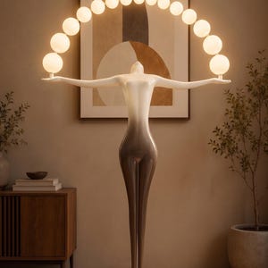 Sculptural Human Figure Floor Lamp, Globe Arc Standing Light, Modern Art Floor Lamp, Statement Lighting, Contemporary Living Room Decor