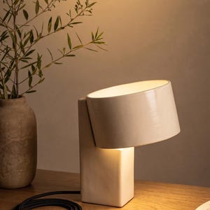 Sculptural Ceramic Table Lamp, Cream Tilted Shade Bedside Light, Japandi Wabi Sabi Decor