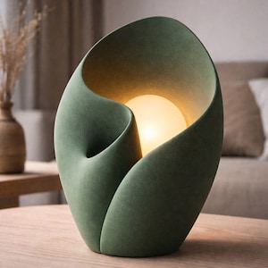 Lampa stołowa Green Leaf, Rzeźbiarska lampka nocna, Szałwiowo-zielona lampka nocna, Organiczna lampa nowoczesna, Japoński wystrój wnętrz, Unikalne oświetlenie