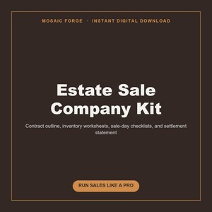 Puede incluir: Un documento digital marrón oscuro titulado Estate Sale Company Kit de Mosaic Forge. Incluye un esquema de contrato, hojas de inventario, listas de verificación para el día de la venta y un estado de cuenta. Un botón dice RUN SALES LIKE A PRO.