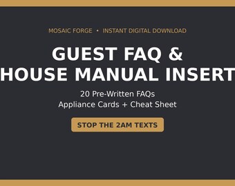 Airbnb Guest FAQ + House Manual Insert | 20 Pre Written Answers, Appliance Cards and Printable WiFi Cheat Sheet, Editable