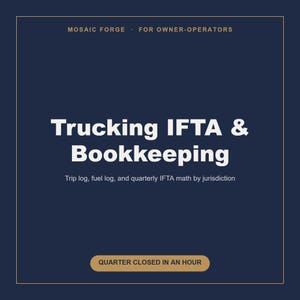 May include: A dark blue digital graphic with a thin gold border. Text reads: MOSAIC FORGE · FOR OWNER-OPERATORS. Trucking IFTA & Bookkeeping. Trip log, fuel log, and quarterly IFTA math by jurisdiction. A gold button at the bottom says: QUARTER CLOSED IN AN HOUR.