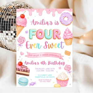Op de afbeelding: Een rechthoekige verjaardagsuitnodigingskaart met kleurrijke illustraties van ijs, donuts, cupcakes en snoep. De tekst luidt Amilia's is FOUR Ever Sweet, Join us for a sweet celebration, Amilia's 4th Birthday, Thursday, June 14th, 3:00 PM - 5:00 PM, 123 Candy Lane, Sweetville, CA 90210, RSVP to Mom at 123-456-7890.