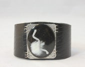 Cow Horn-Leather Cuff, textured aluminum, polished horn, adjustable bracelet