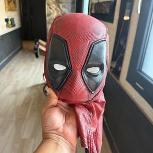 May include: A red and black textured fabric mask featuring large black eye patches with white mesh lenses. The mask has a distinct grid-like pattern across the red sections and smooth black material surrounding the eye openings, covering the head.